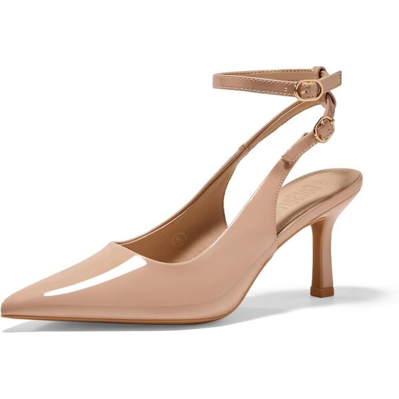 Shoes - Women's Nude Pointed Toe High Heels Slingback Stiletto Ankle Strap Pumps